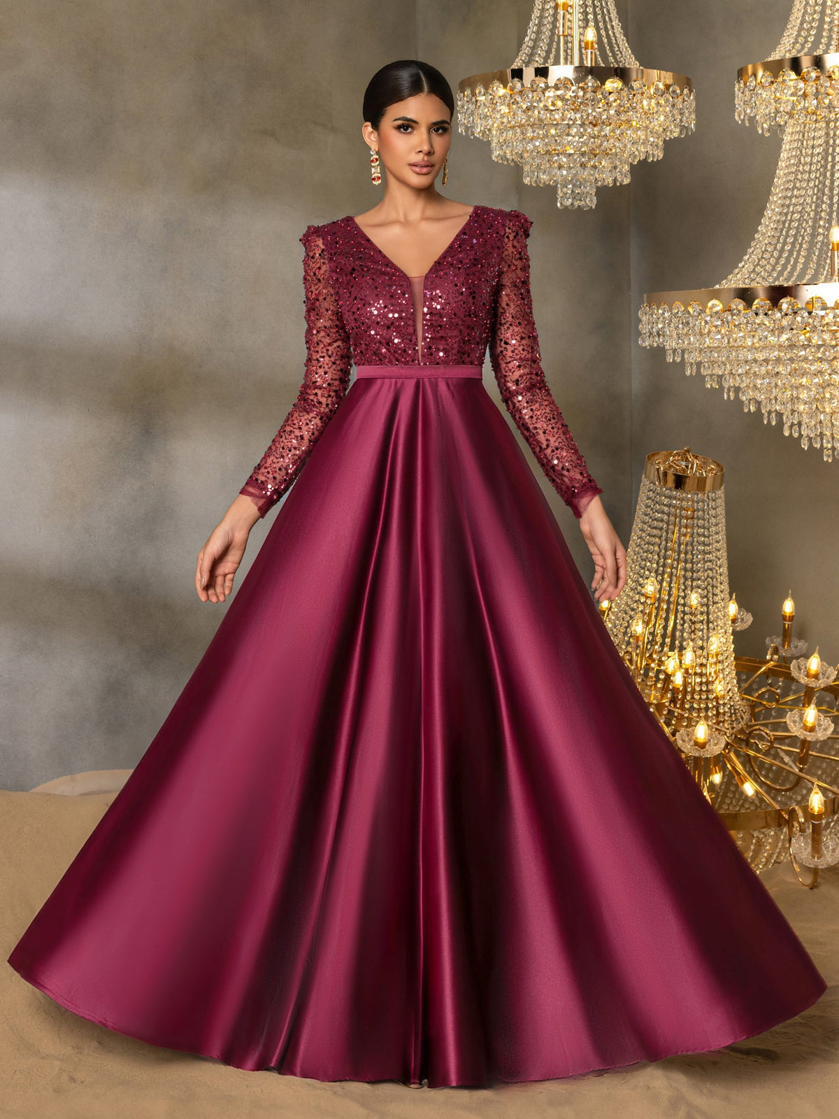 Elegant V-Neck Long Sleeve Evening Gown with Puffed Sleeve Detailing, Sequin Beaded Embellishments, Thin Waist Belt & Satin A-Line Skirt | Elegant Formal Dress for Special Occasions