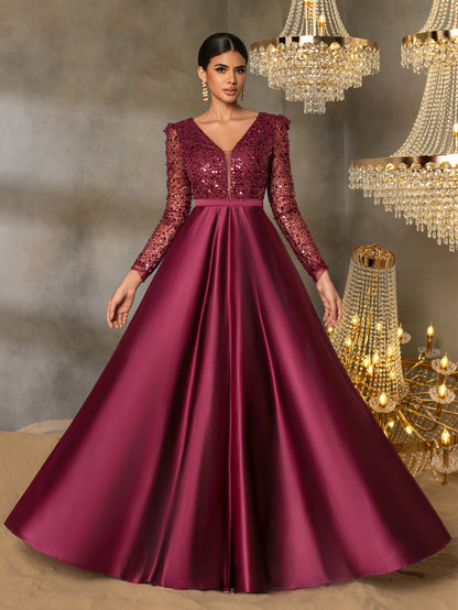 Elegant V-Neck Long Sleeve Evening Gown with Puffed Sleeve Detailing, Sequin Beaded Embellishments, Thin Waist Belt & Satin A-Line Skirt | Elegant Formal Dress for Special Occasions