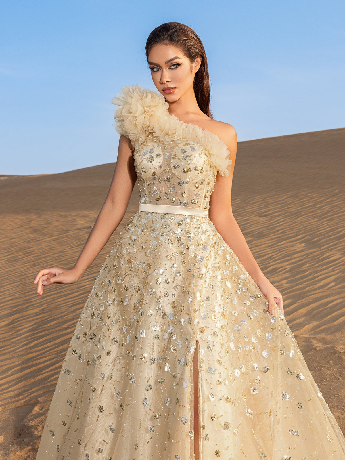 Additional view of One-Shoulder Sequin Beaded Sleeveless A-Line Evening Gown