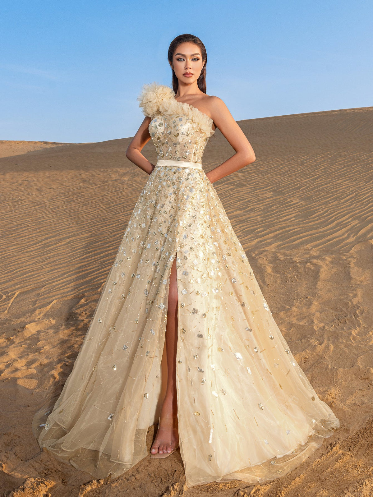 Additional view of One-Shoulder Sequin Beaded Sleeveless A-Line Evening Gown