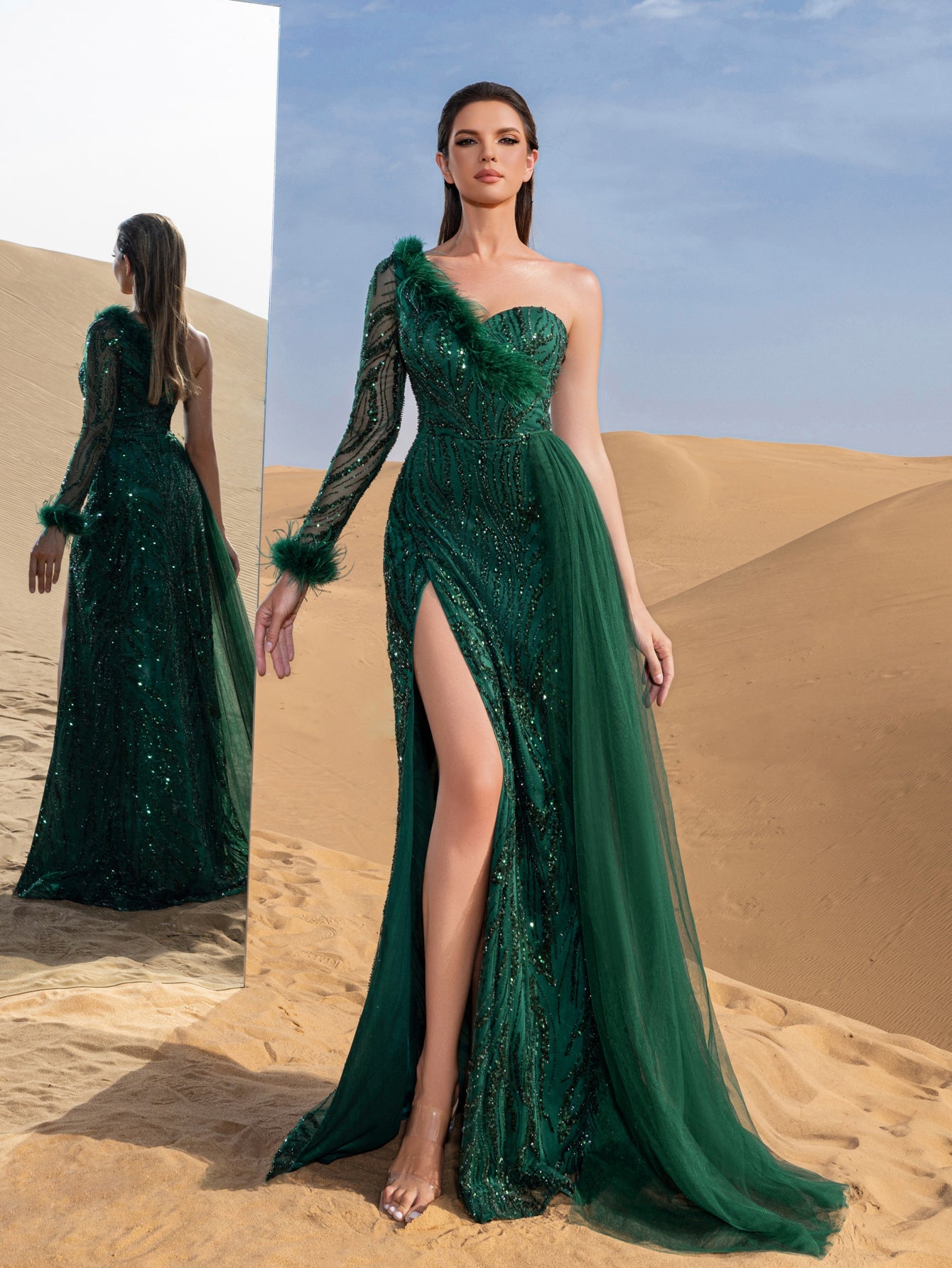 Gorgeous Feather Trim One-Shoulder Single Sleeve Mermaid Hem Beaded Formal Dress Evening Dress – view 16