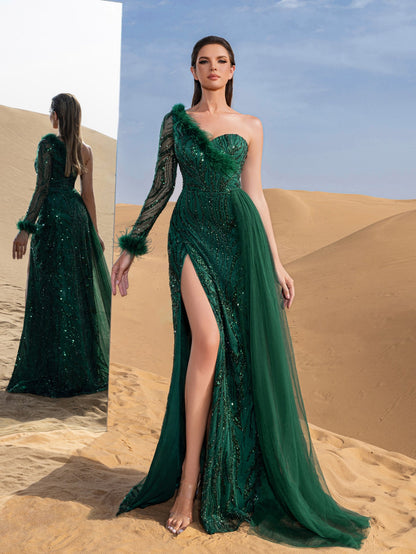 Dark green one-shoulder beaded mermaid evening gown, front view