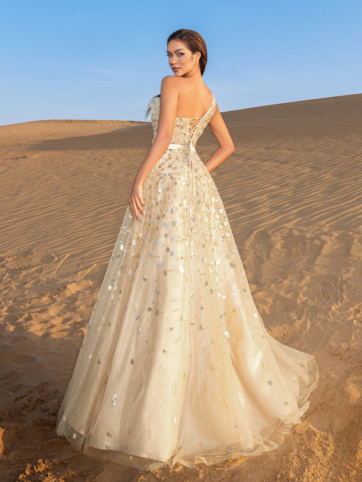 Additional view of One-Shoulder Sequin Beaded Sleeveless A-Line Evening Gown