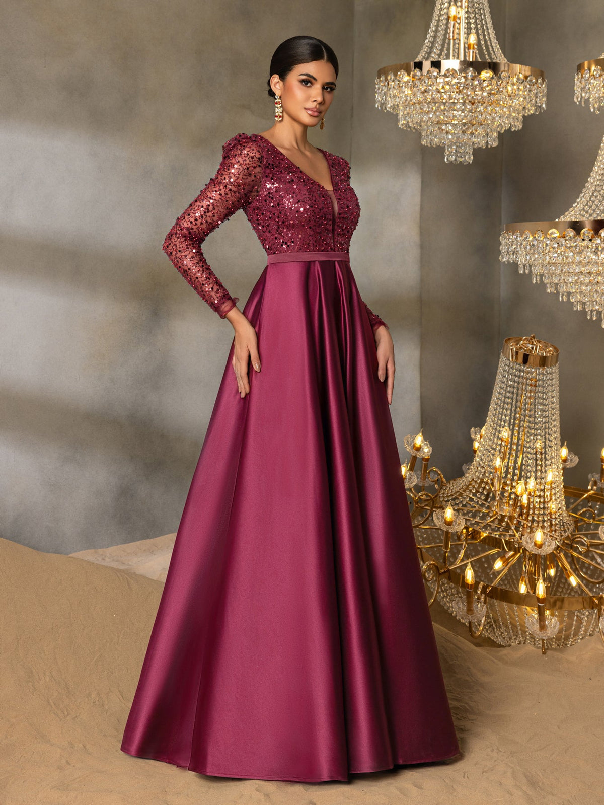 Elegant V-Neck Long Sleeve Evening Gown with Puffed Sleeve Detailing, Sequin Beaded Embellishments, Thin Waist Belt & Satin A-Line Skirt | Elegant Formal Dress for Special Occasions