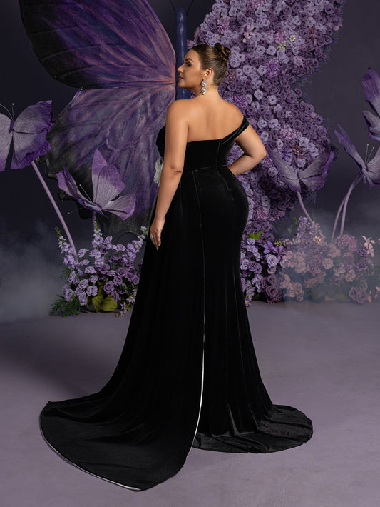 Plus Strapless Draped Side Split Mermaid Hem Velvet Evening Dress – view 2