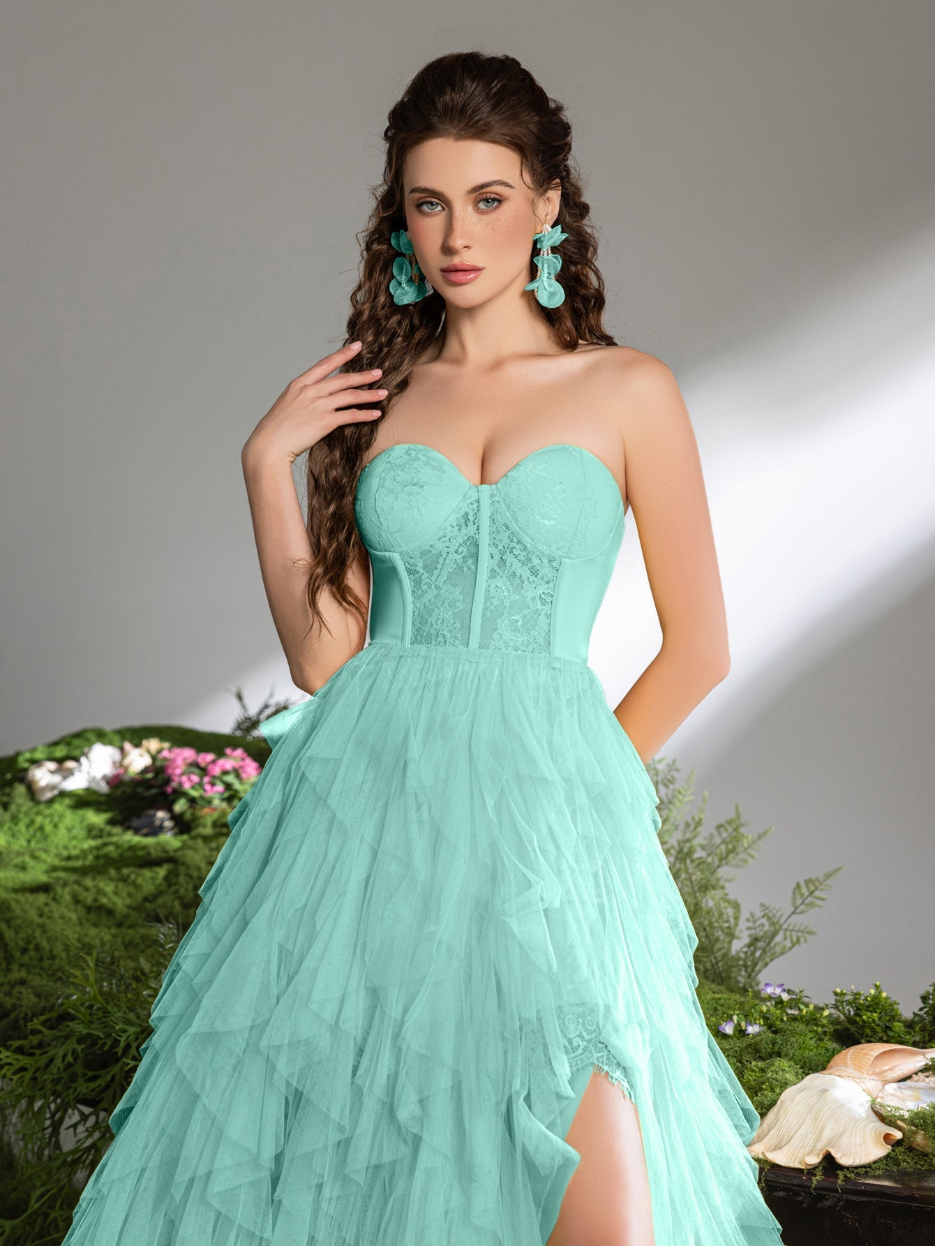 Elegant Lace Bodice Contrast Split Ruffle Layered Hem Prom Tube Dress