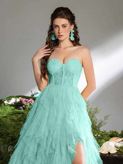 Elegant Lace Bodice Contrast Split Ruffle Layered Hem Prom Tube Dress