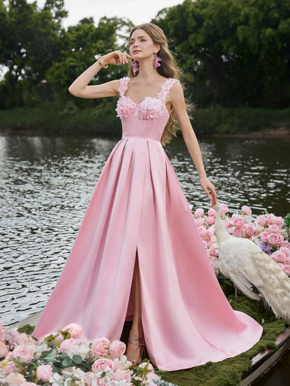 Elegant Applique Detail Sweetheart Neck Split Thigh Satin Prom Dress