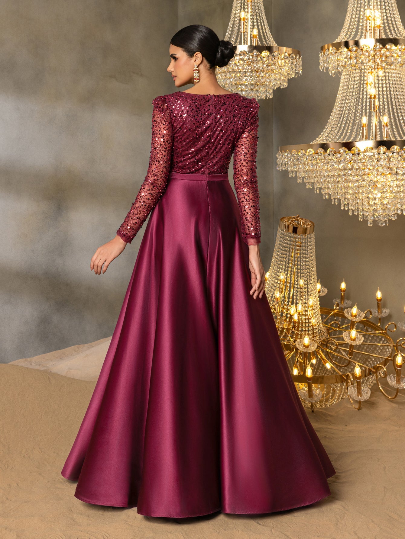 Elegant V-Neck Long Sleeve Evening Gown with Puffed Sleeve Detailing, Sequin Beaded Embellishments, Thin Waist Belt & Satin A-Line Skirt | Elegant Formal Dress for Special Occasions