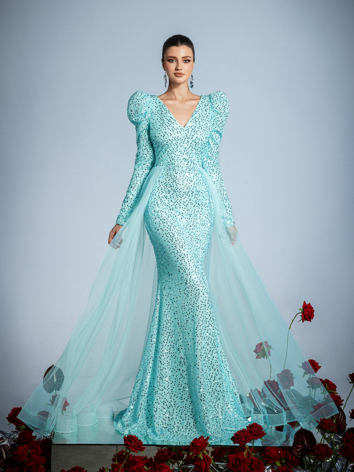 Gigot Sleeves Split Mermaid Hem Sequin Formal Dress