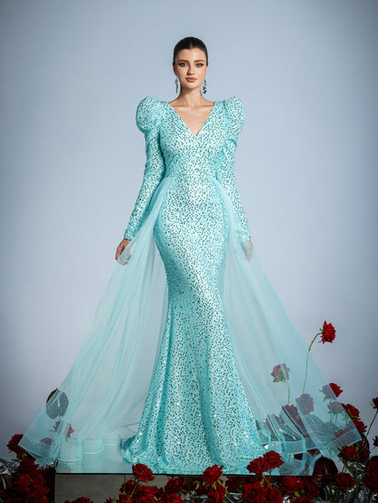 Gigot Sleeves Split Mermaid Hem Sequin Formal Dress