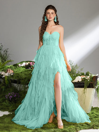 Elegant Lace Bodice Contrast Split Ruffle Layered Hem Prom Tube Dress