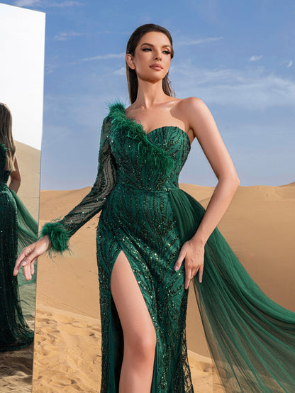 Dark green one-shoulder beaded mermaid evening gown, bodice detail