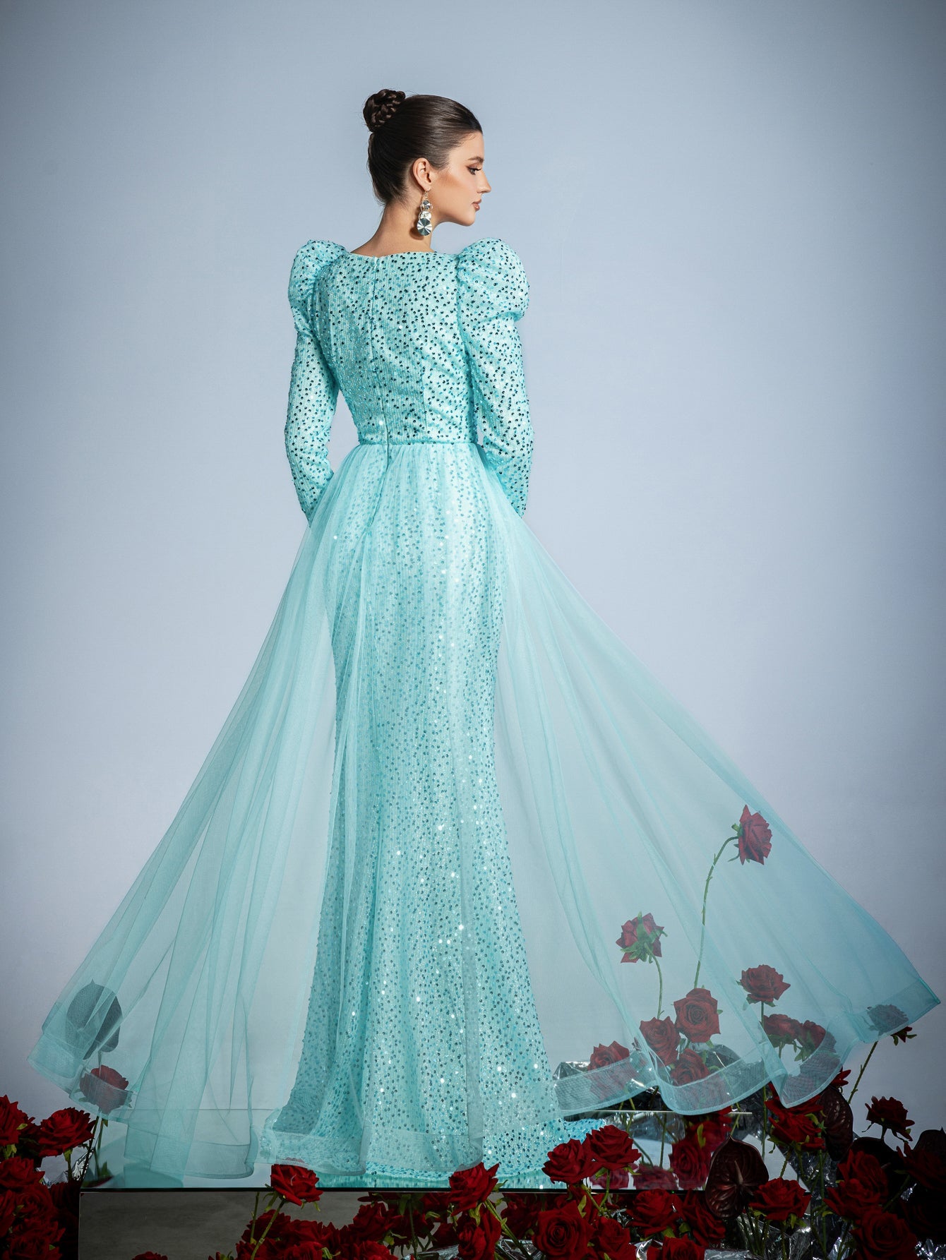 Gigot Sleeves Split Mermaid Hem Sequin Formal Dress