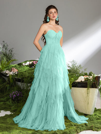 Elegant Lace Bodice Contrast Split Ruffle Layered Hem Prom Tube Dress