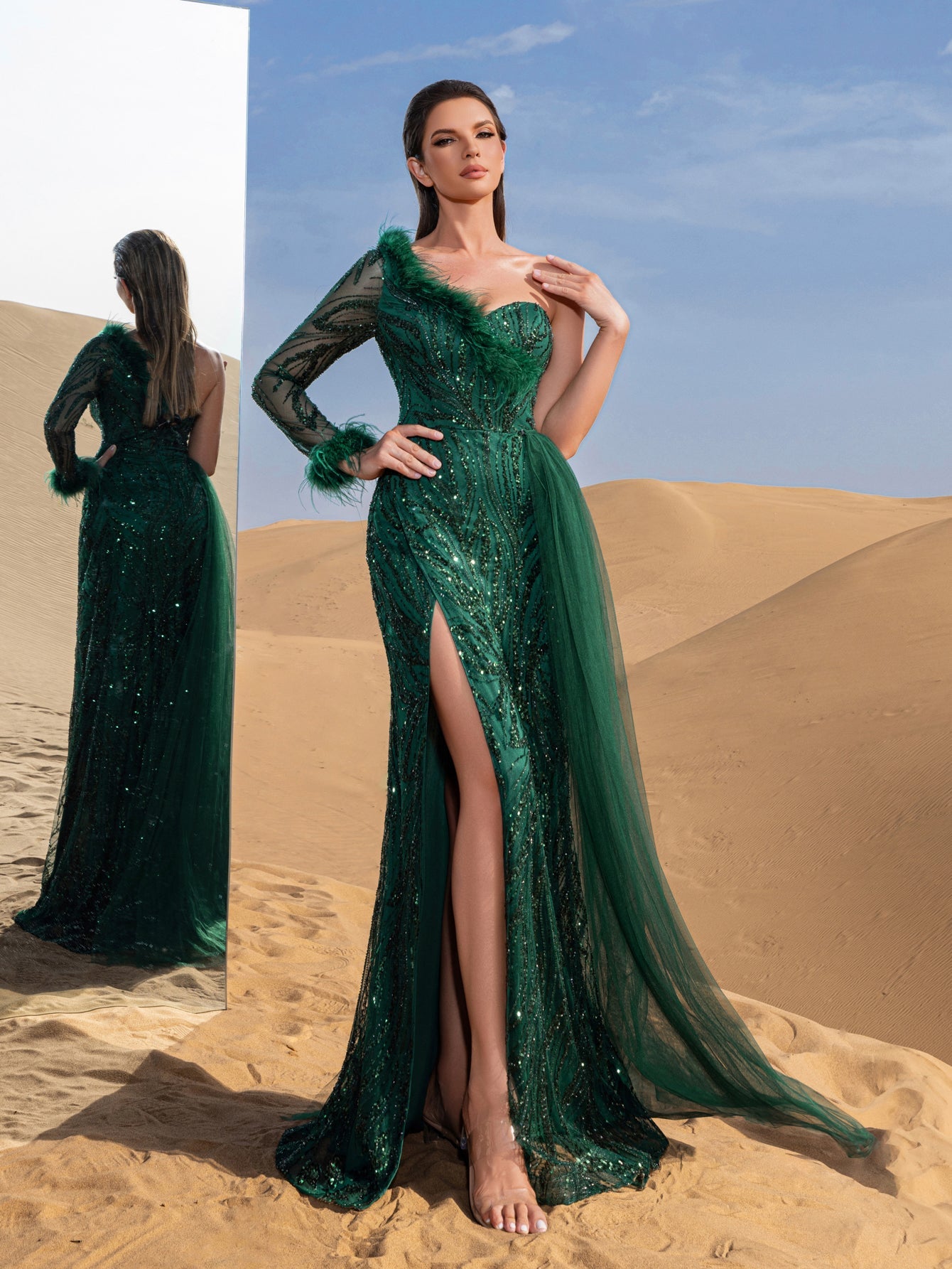 Gorgeous Feather Trim One-Shoulder Single Sleeve Mermaid Hem Beaded Formal Dress Evening Dress – view 17