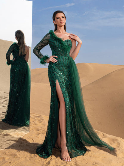 Dark green one-shoulder beaded mermaid evening gown with flowing train