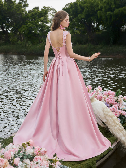 Elegant Applique Detail Sweetheart Neck Split Thigh Satin Prom Dress