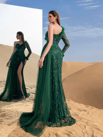 Dark green one-shoulder beaded mermaid evening gown, back and front views