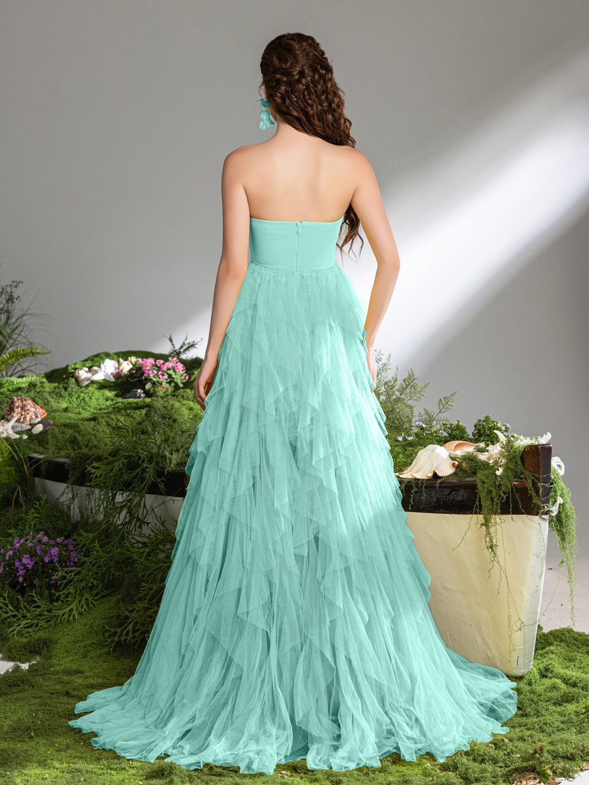 Elegant Lace Bodice Contrast Split Ruffle Layered Hem Prom Tube Dress