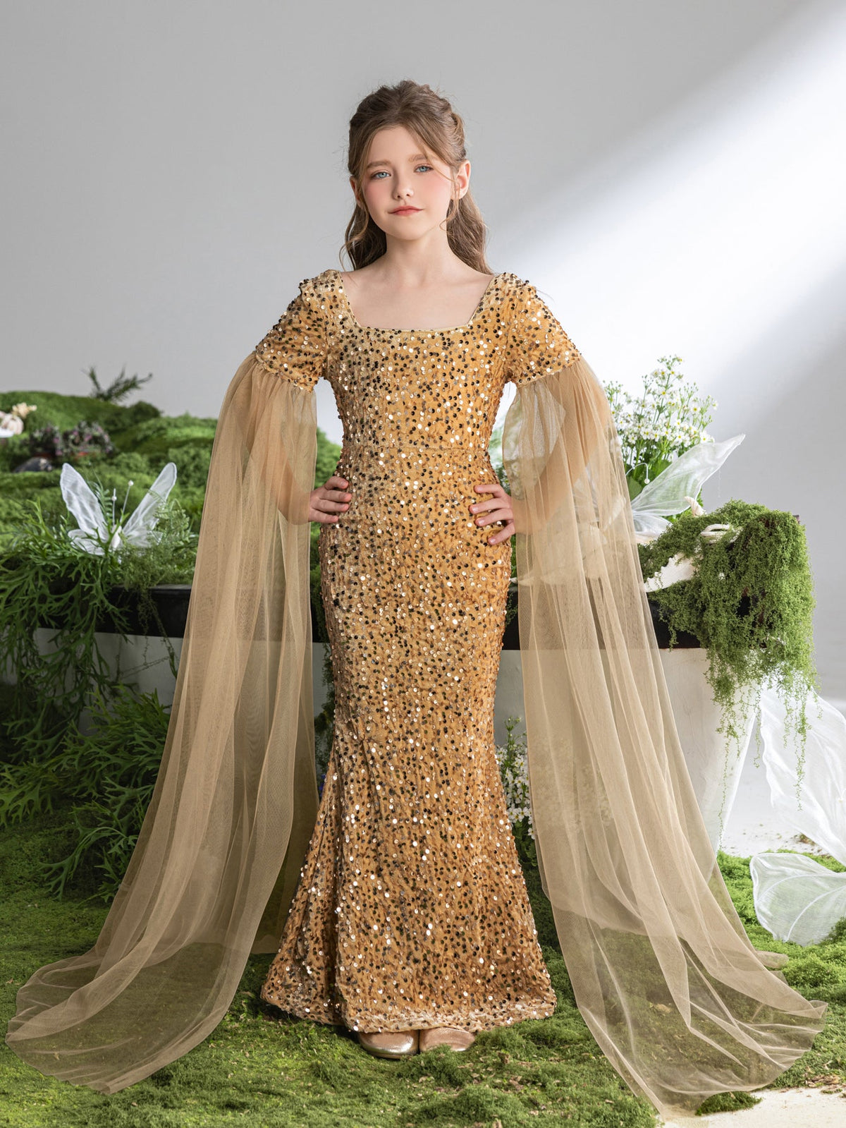 Cloak-Sleeve Square-Neck Sequin Mermaid Maxi Tween Girls' Party Dress in Champagne