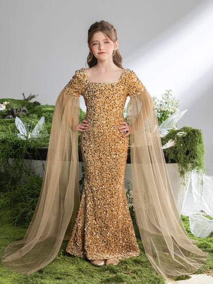 Cloak-Sleeve Square-Neck Sequin Mermaid Maxi Tween Girls' Party Dress in Champagne