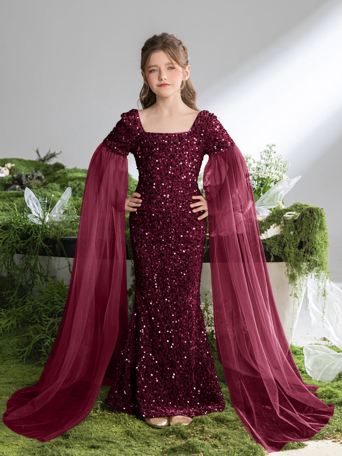 Additional product view of Cloak-Sleeve Square-Neck Sequin Mermaid Maxi Tween Girls' Party Dress