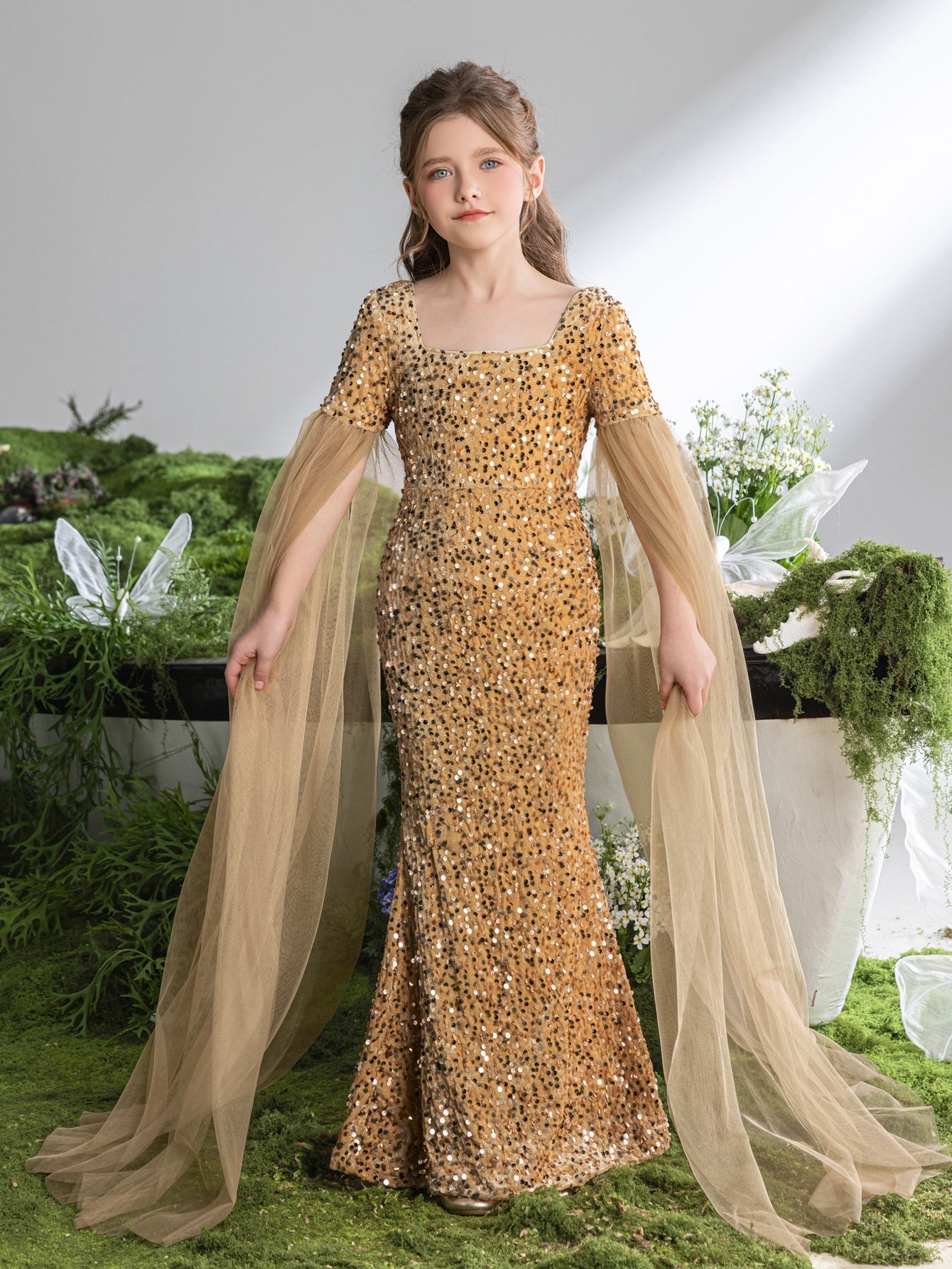 Additional product view of Cloak-Sleeve Square-Neck Sequin Mermaid Maxi Tween Girls' Party Dress