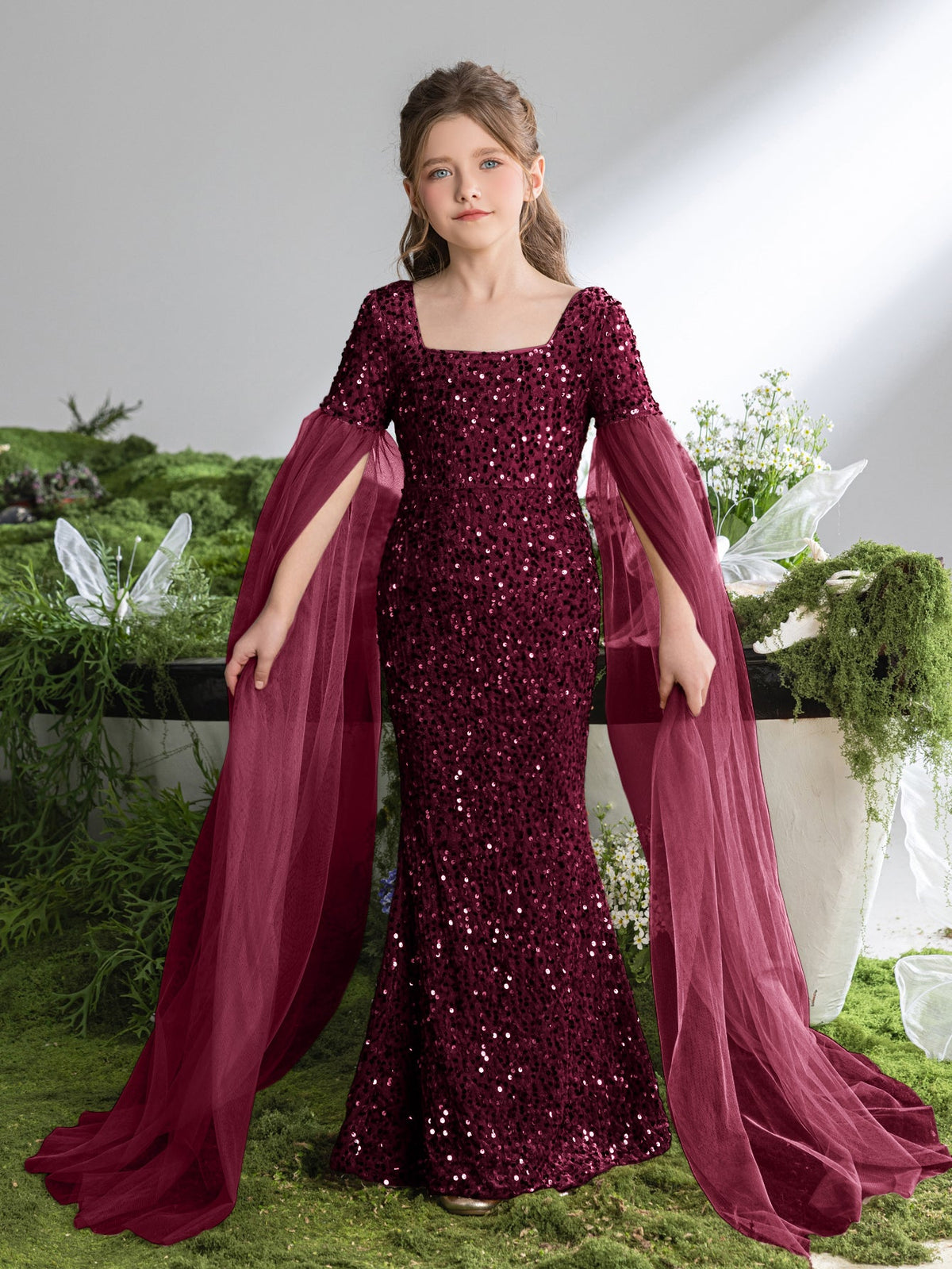 Alternate view of Cloak-Sleeve Square-Neck Sequin Mermaid Maxi Tween Girls' Party Dress in Burgundy