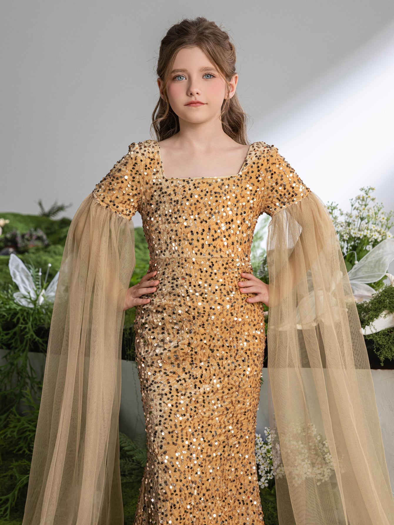 Additional product view of Cloak-Sleeve Square-Neck Sequin Mermaid Maxi Tween Girls' Party Dress