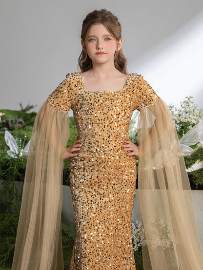 Additional product view of Cloak-Sleeve Square-Neck Sequin Mermaid Maxi Tween Girls' Party Dress