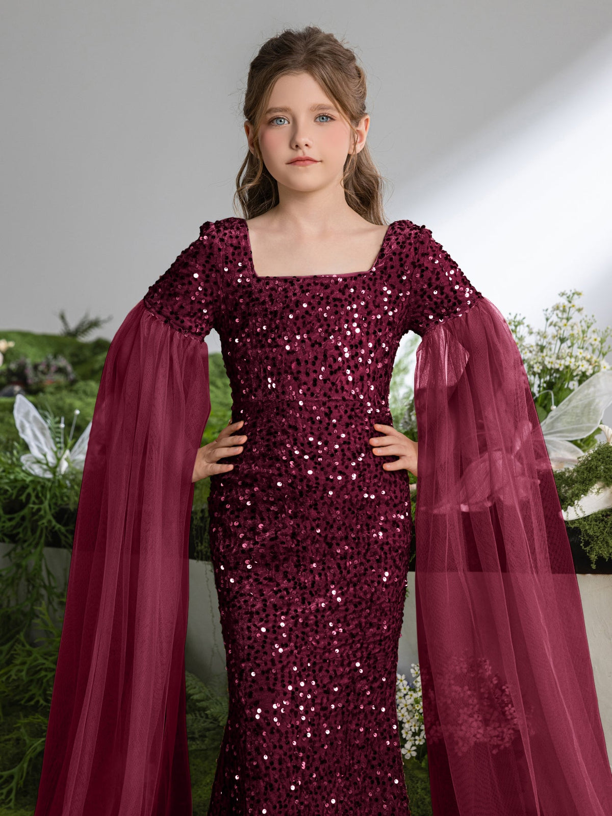Additional product view of Cloak-Sleeve Square-Neck Sequin Mermaid Maxi Tween Girls' Party Dress