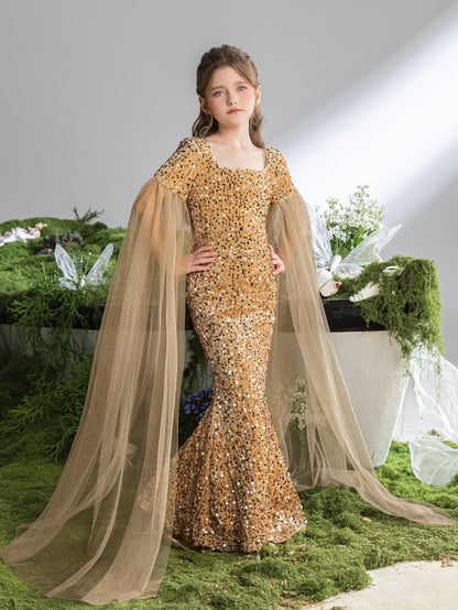 Additional product view of Cloak-Sleeve Square-Neck Sequin Mermaid Maxi Tween Girls' Party Dress