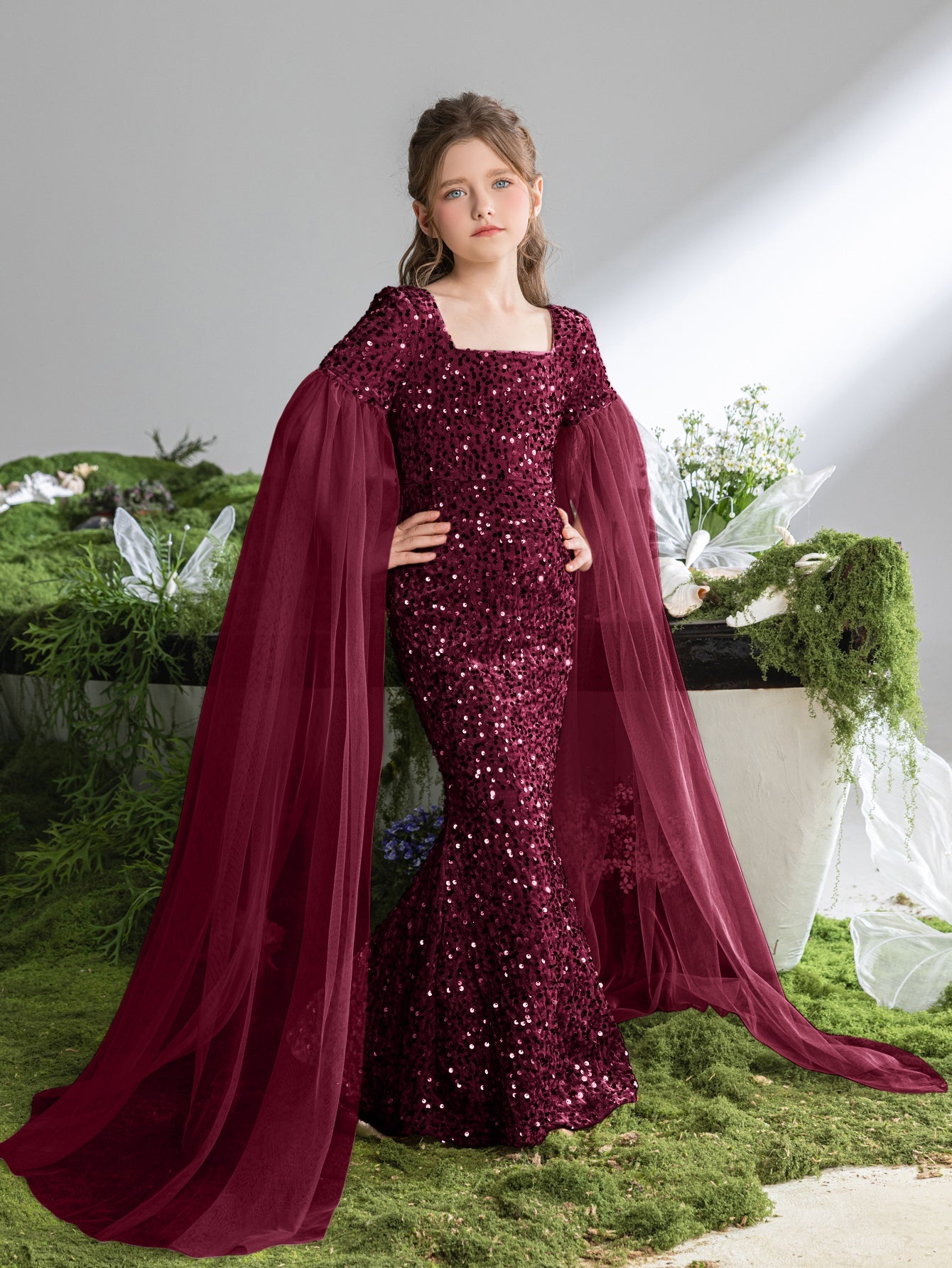 Additional product view of Cloak-Sleeve Square-Neck Sequin Mermaid Maxi Tween Girls' Party Dress
