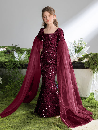 Additional product view of Cloak-Sleeve Square-Neck Sequin Mermaid Maxi Tween Girls' Party Dress
