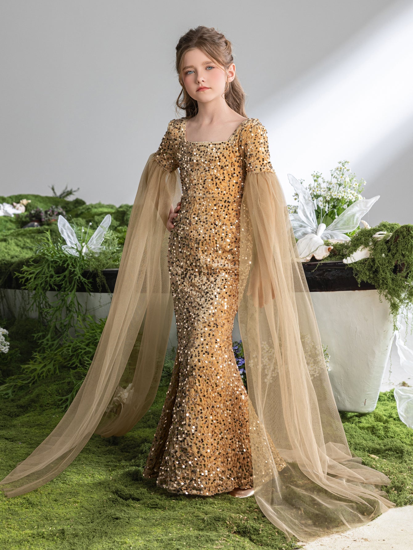 Additional product view of Cloak-Sleeve Square-Neck Sequin Mermaid Maxi Tween Girls' Party Dress