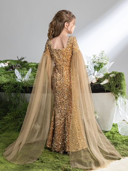 Additional product view of Cloak-Sleeve Square-Neck Sequin Mermaid Maxi Tween Girls' Party Dress