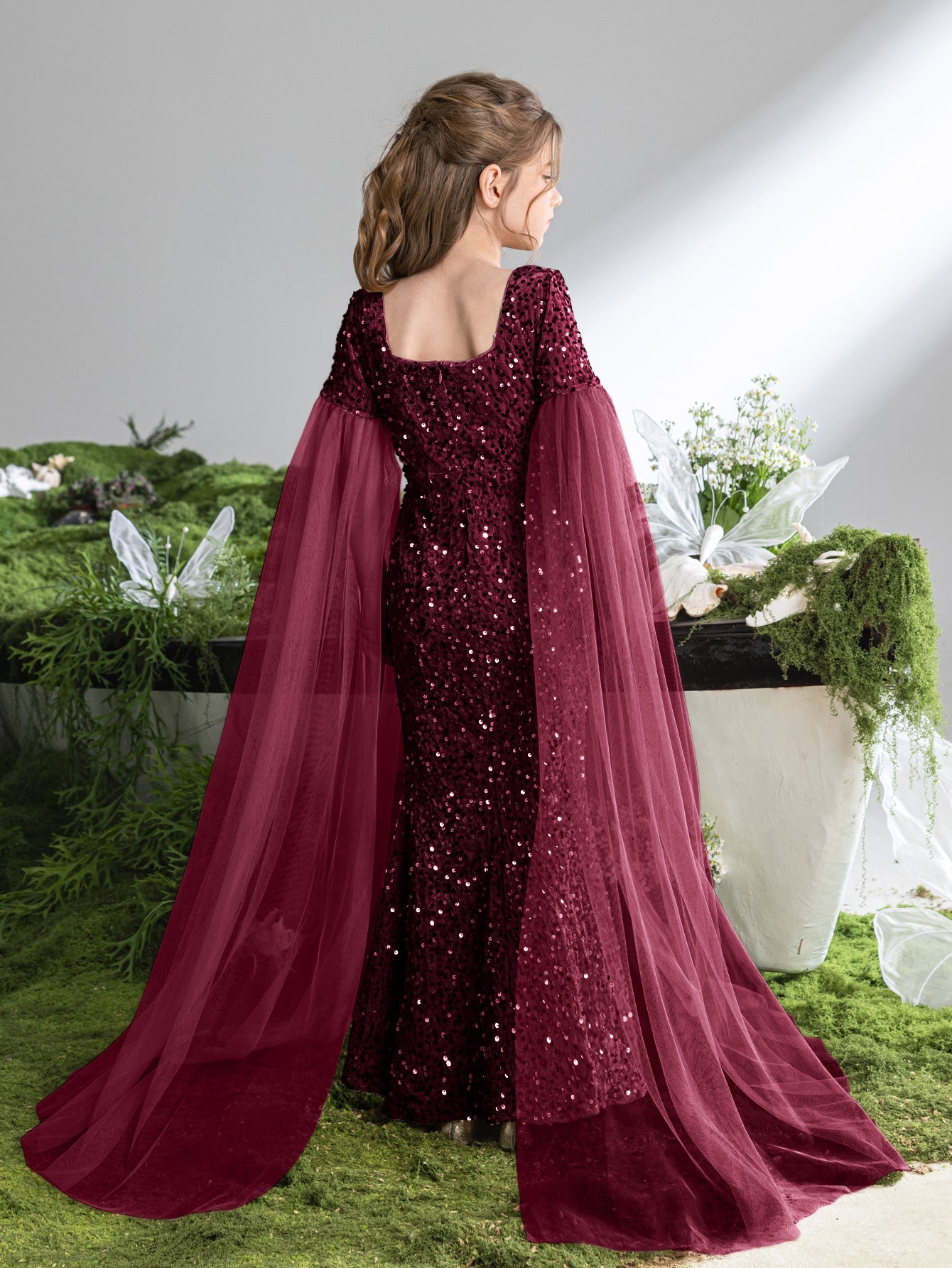 Additional product view of Cloak-Sleeve Square-Neck Sequin Mermaid Maxi Tween Girls' Party Dress