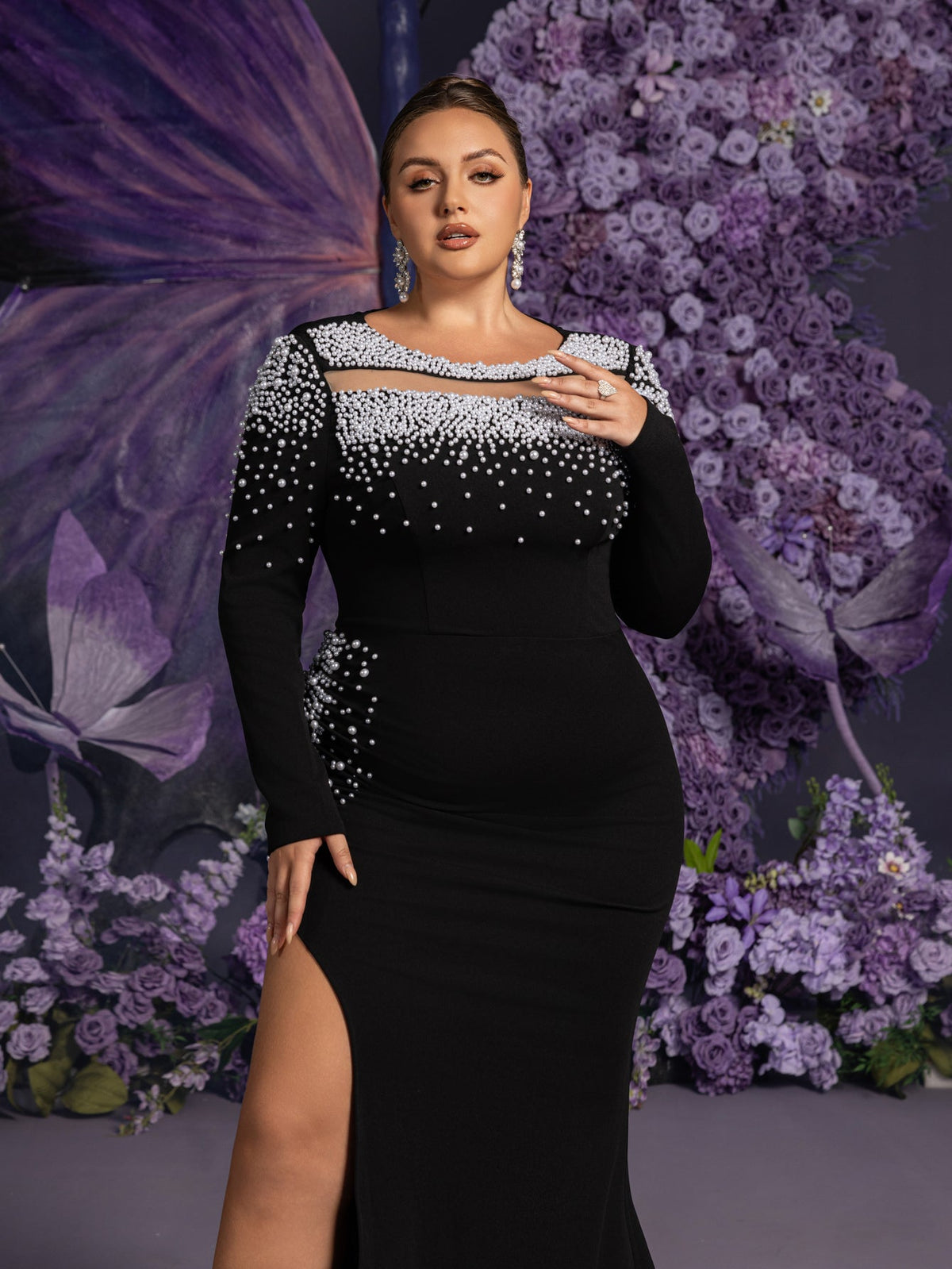 Plus-Size Round Neck Beaded Long-Sleeve Mermaid Wedding Gown — authorized product image 5