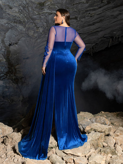 Plus Floral Embroidered Velvet Evening Dress | Illusion Sleeves with Low Back & High Slit
