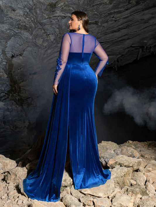 Plus Floral Embroidered Velvet Evening Dress | Illusion Sleeves with Low Back & High Slit