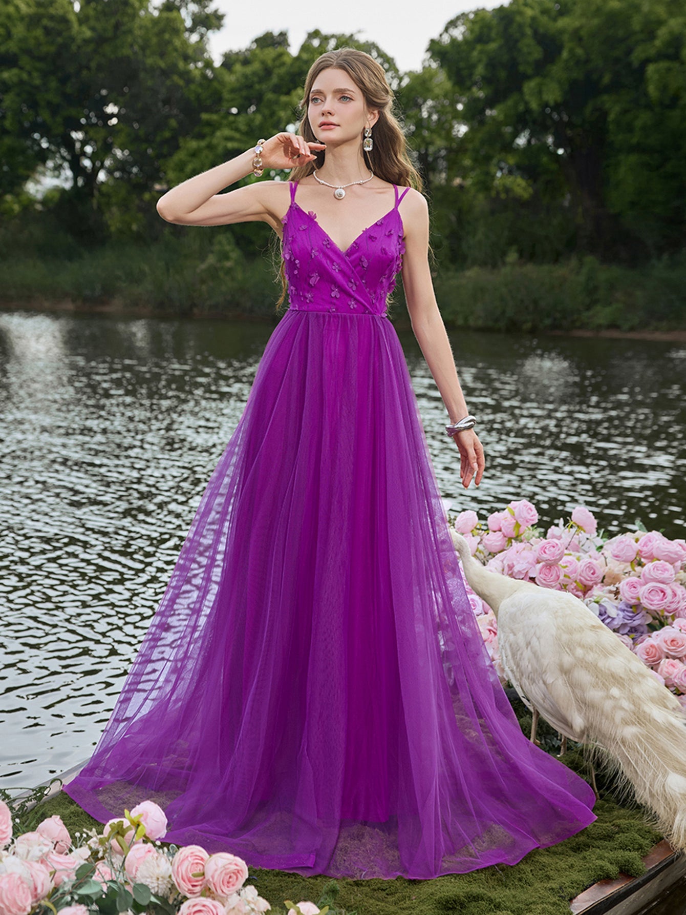 Backless Floral Applique Detail Tulle Slip Party Dress — authorized product image 1