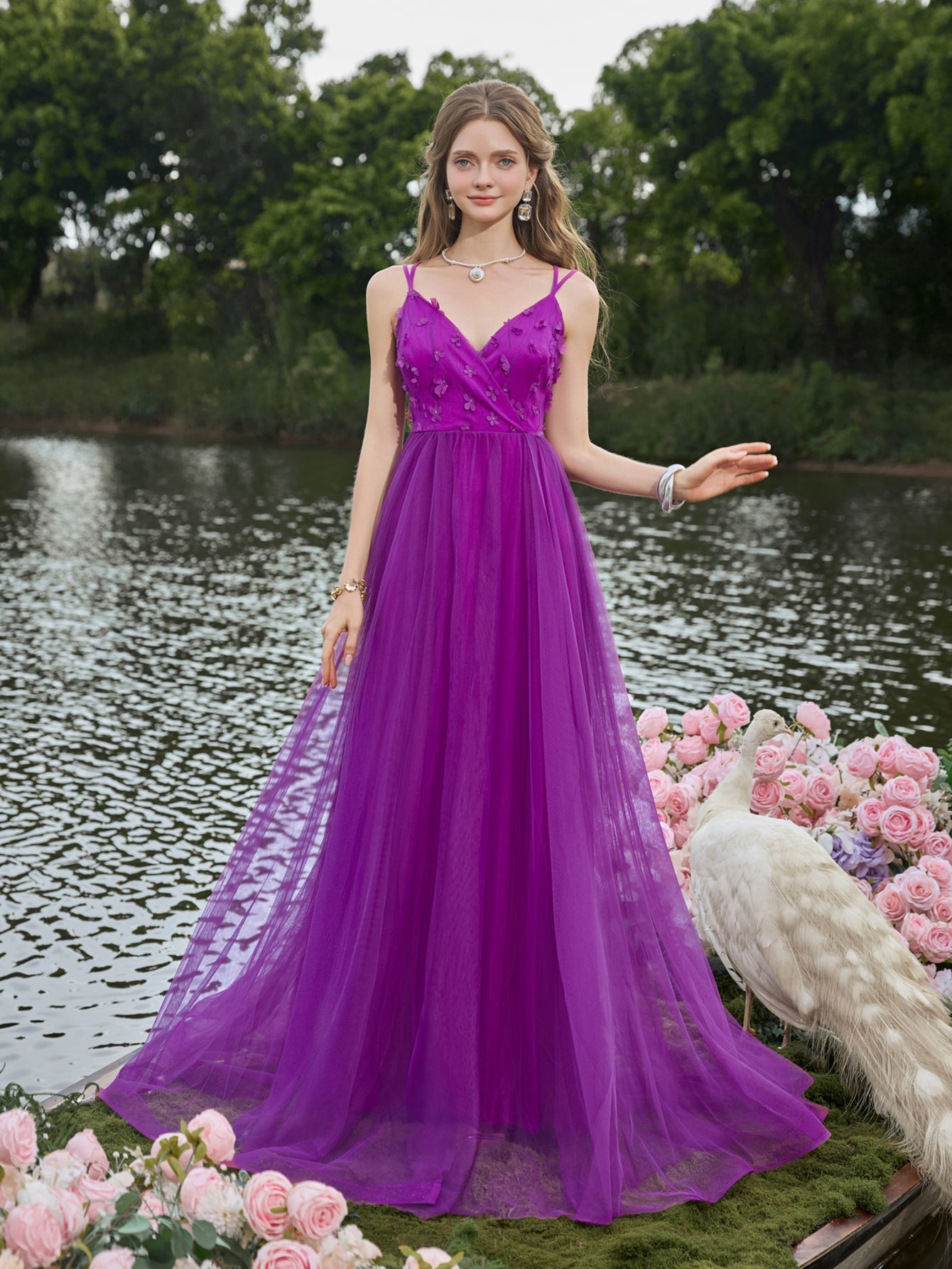 Backless Floral Applique Detail Tulle Slip Party Dress — authorized product image 3
