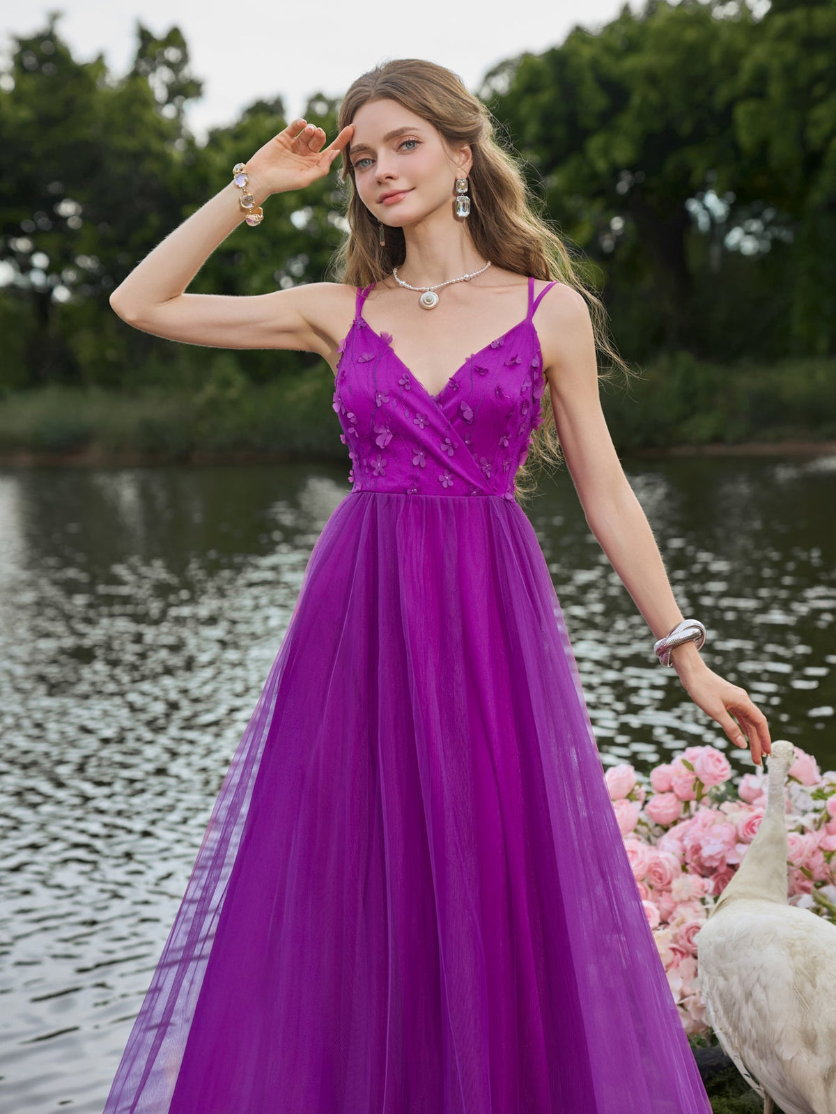 Backless Floral Applique Detail Tulle Slip Party Dress — authorized product image 4
