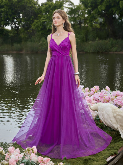 Backless Floral Applique Detail Tulle Slip Party Dress — authorized product image 5