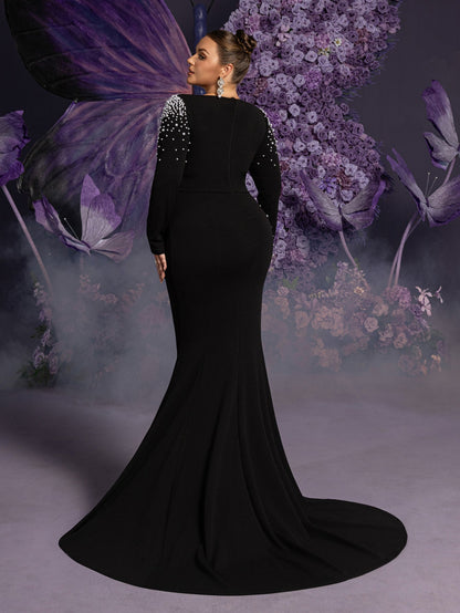 Plus-Size Round Neck Beaded Long-Sleeve Mermaid Wedding Gown — authorized product image 2
