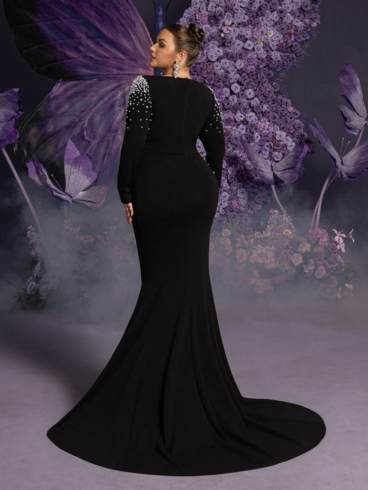 Plus-Size Round Neck Beaded Long-Sleeve Mermaid Wedding Gown — authorized product image 2