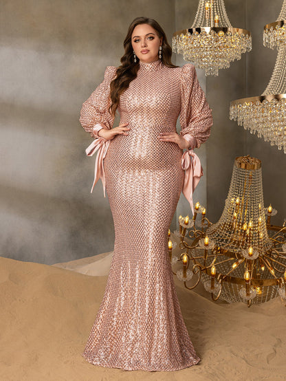 Plus Luxury Sequin Mock Neck Lantern Sleeves Mermaid Hem Formal Dress – view 3