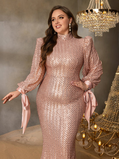 Plus Luxury Sequin Mock Neck Lantern Sleeves Mermaid Hem Formal Dress – view 4