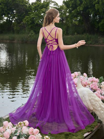 Backless Floral Applique Detail Tulle Slip Party Dress — authorized product image 2